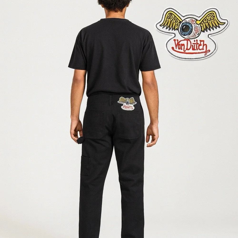 Von Dutch Jeans Mens Sz 30x32 Double Knee Patch Graphic Black Denim -NEW w/ Tag - Picture 1 of 13